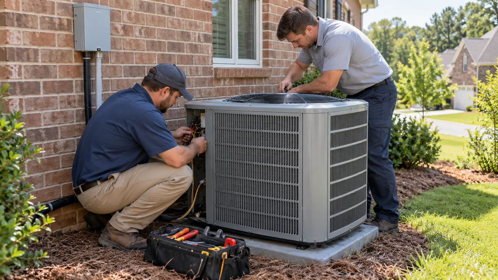 Two technicians in work shirts service an outdoor air conditioning unit beside a suburban home