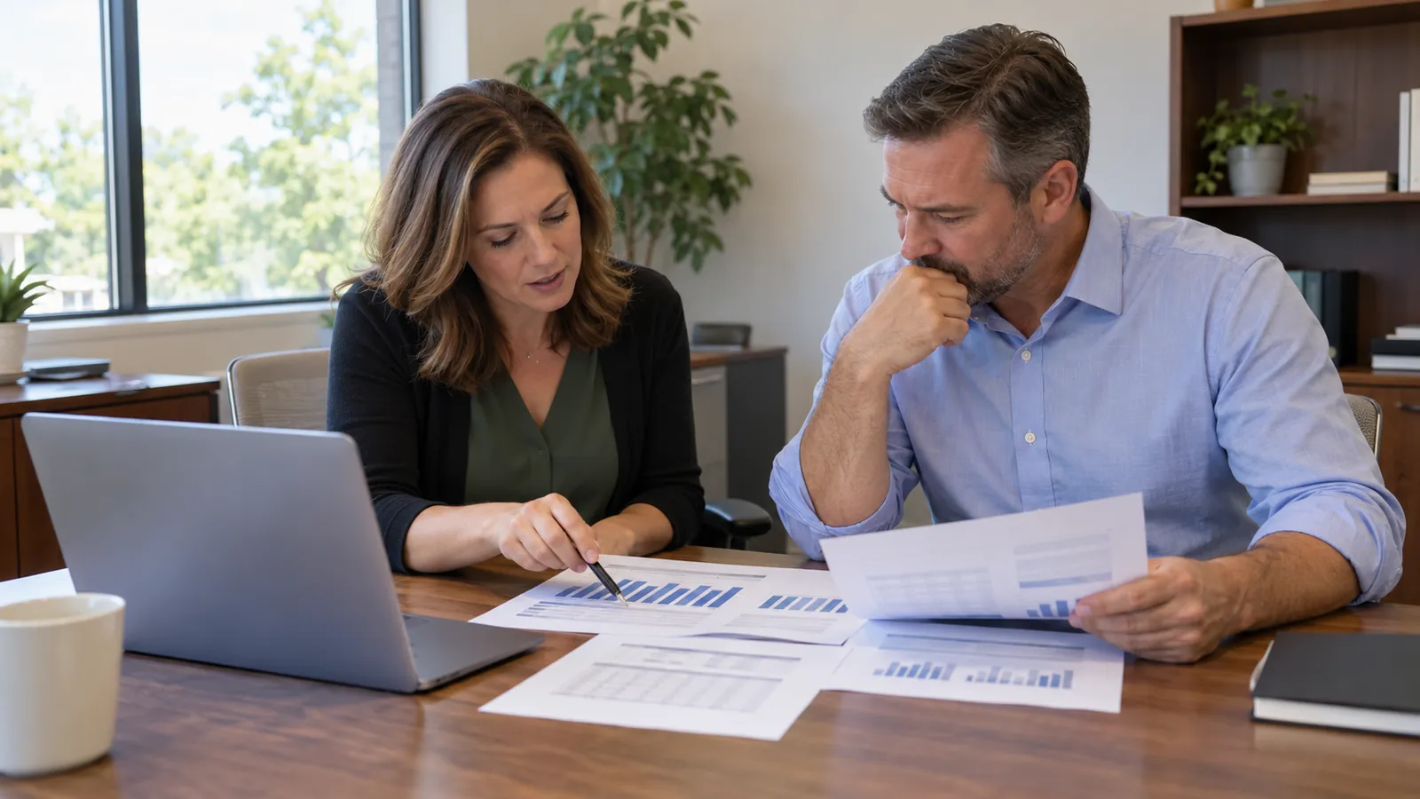 An office manager and an owner compare printed payroll reports at a table with a laptop open