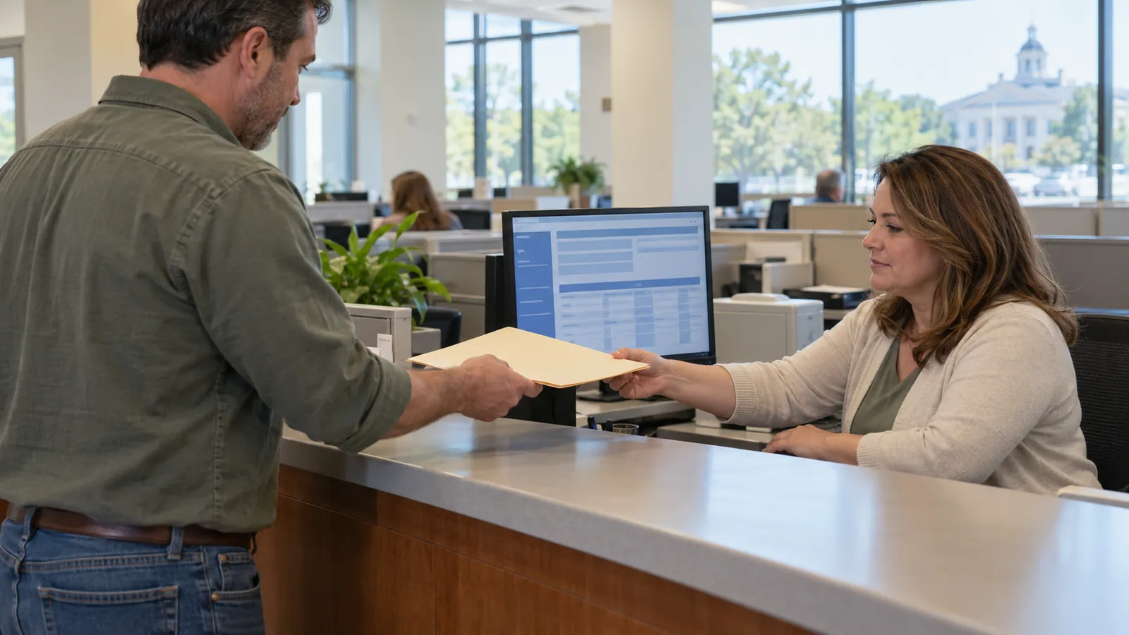 A county office counter where a business owner hands a folder of equipment lists to a clerk